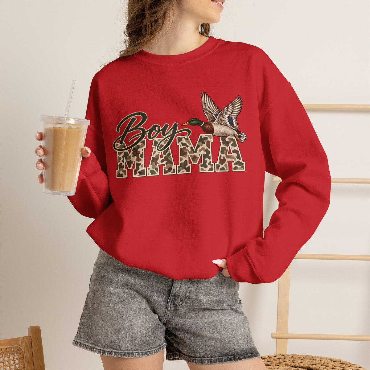 Boy Mama Crewneck Sweatshirt — Camo Lettering with Flying Duck