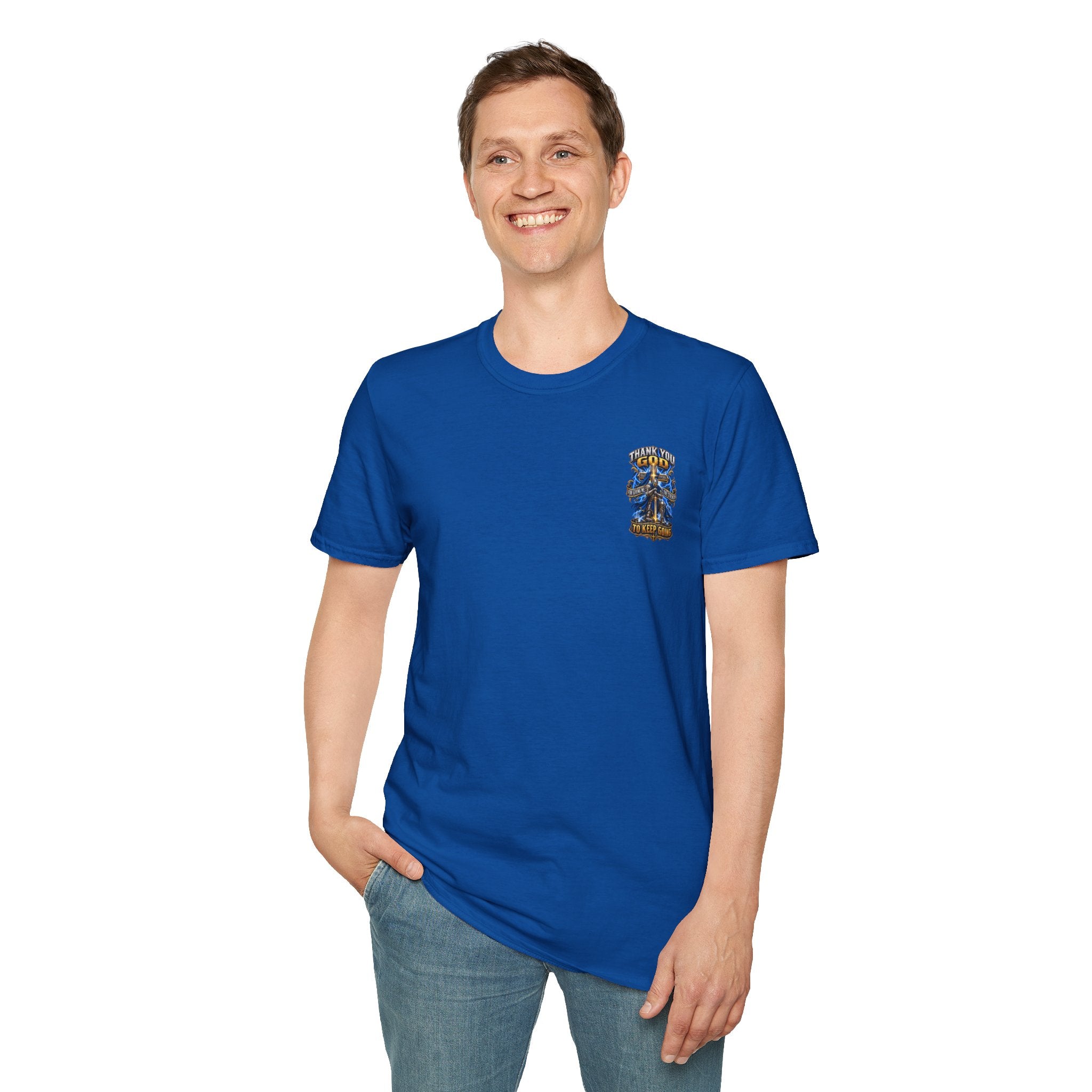 T-Shirt — "Thank You God I Keep Going" Faith Graphic Pocket Tee