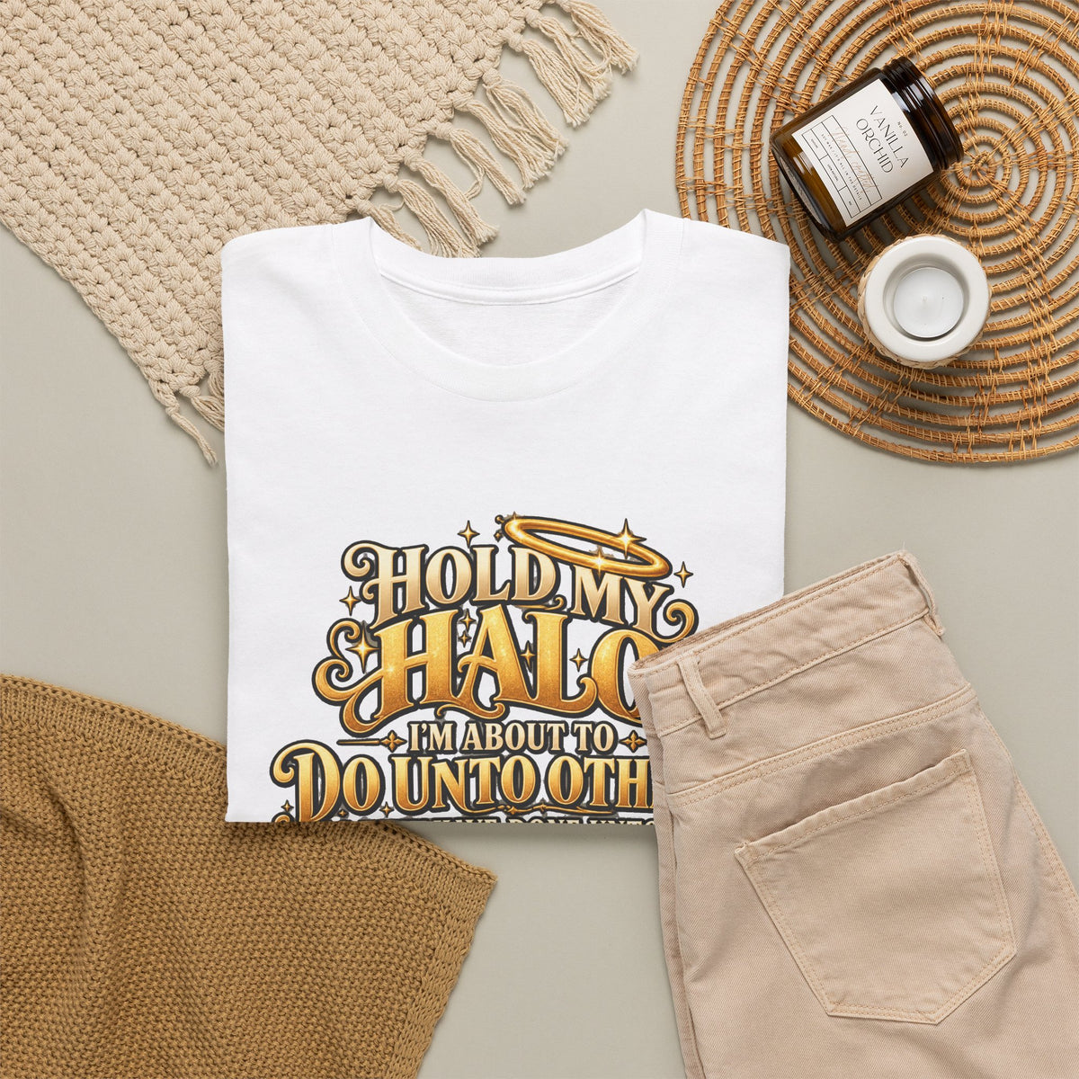 T-Shirt — "Hold My Halo I'm About To Do Unto Others" Vintage Faith Graphic Tee