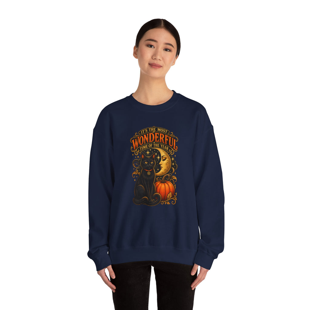Vintage Halloween Sweatshirt - "It's the Most Wonderful Time of the Year" Black Cat & Moon Design