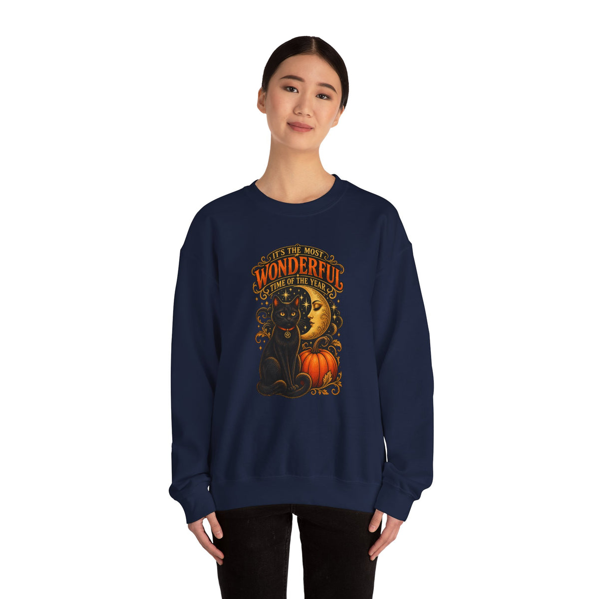 Vintage Halloween Sweatshirt - "It's the Most Wonderful Time of the Year" Black Cat & Moon Design