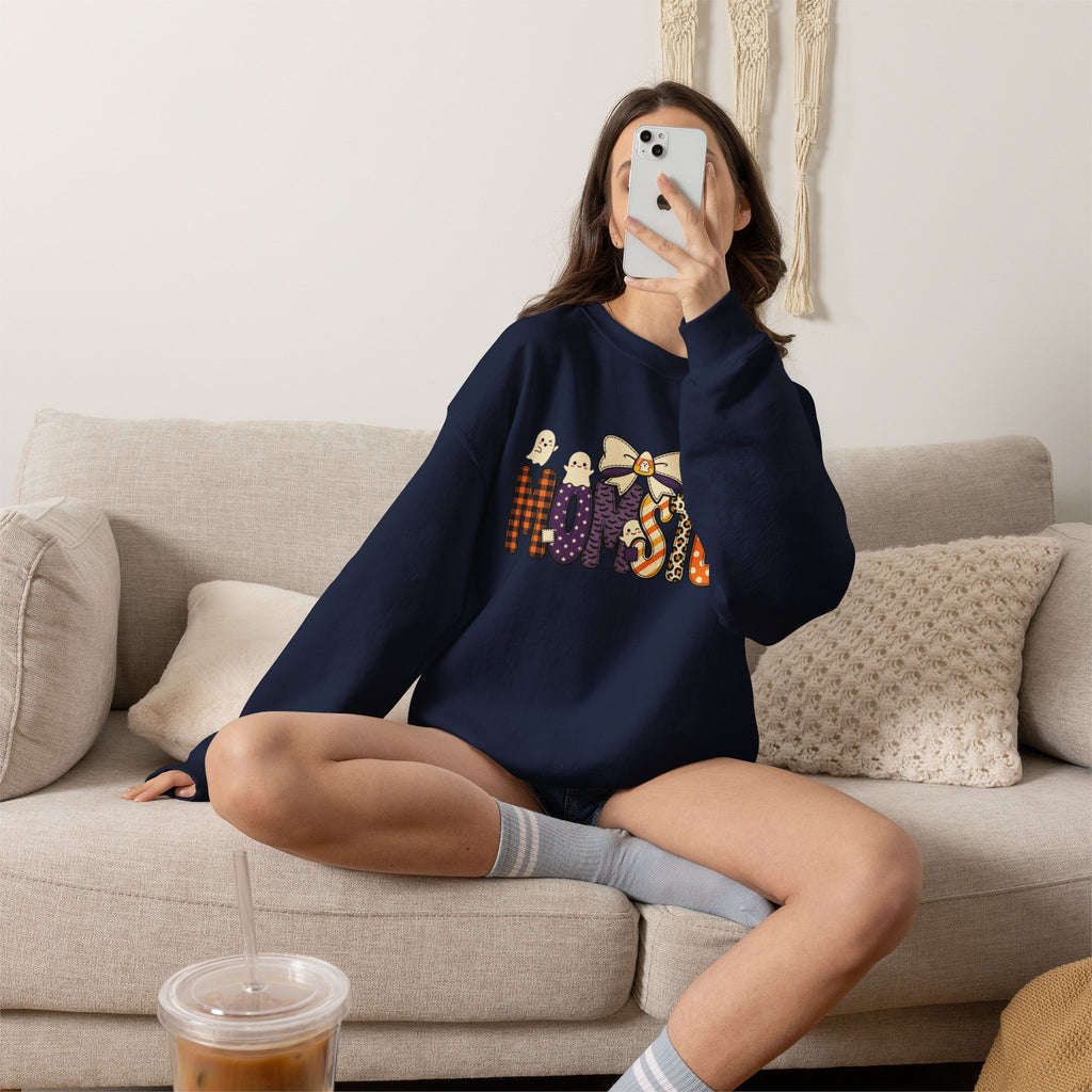 Momster Halloween Sweater | Momster Crewneck Sweatshirt, Halloween mom, purple orange spooky lettering