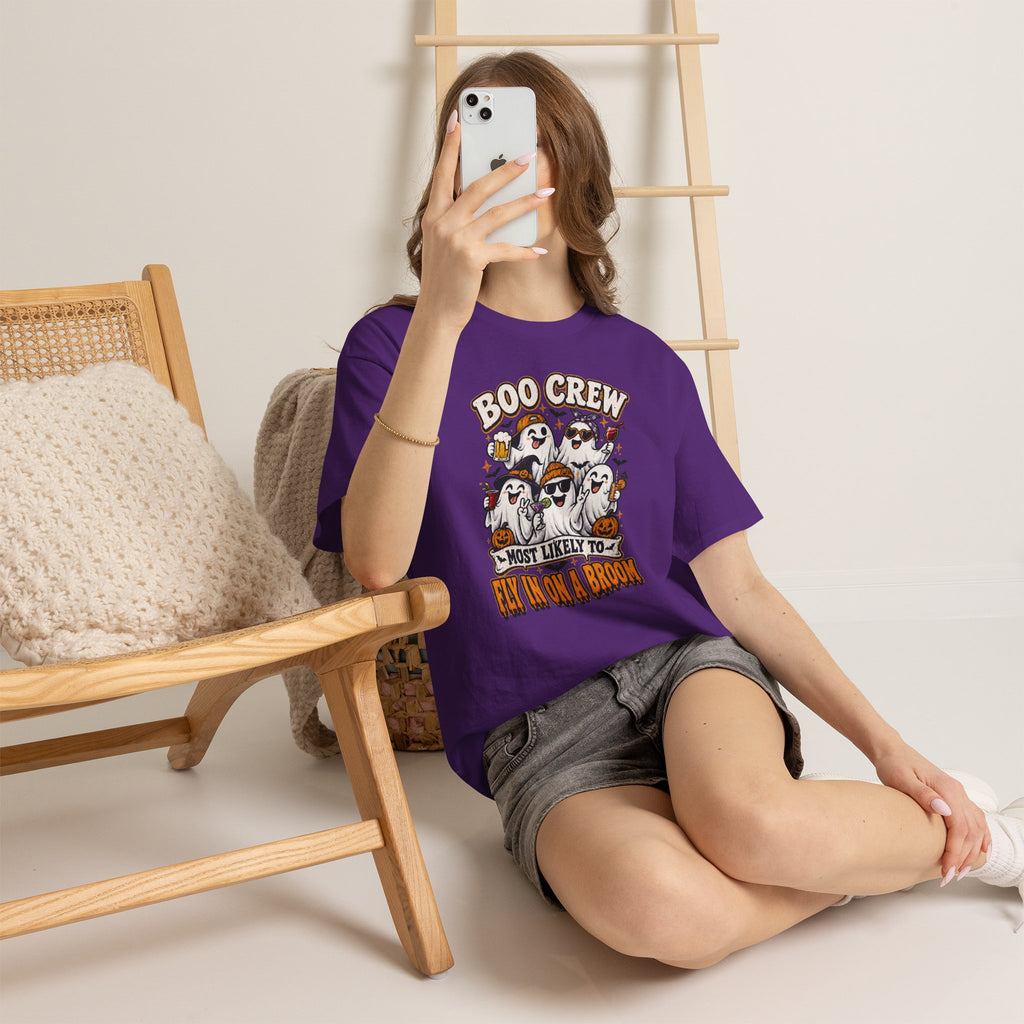 Boo Crew T-Shirt — “Most Likely to Fly on a Broom” Halloween Ghost Tee