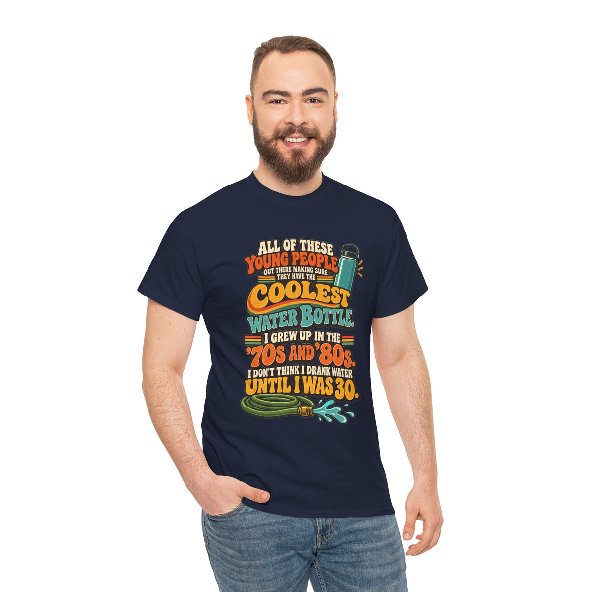 Retro 70s-80s Funny Water Bottle Tee — "Coolest Water Bottle" Graphic T-Shirt