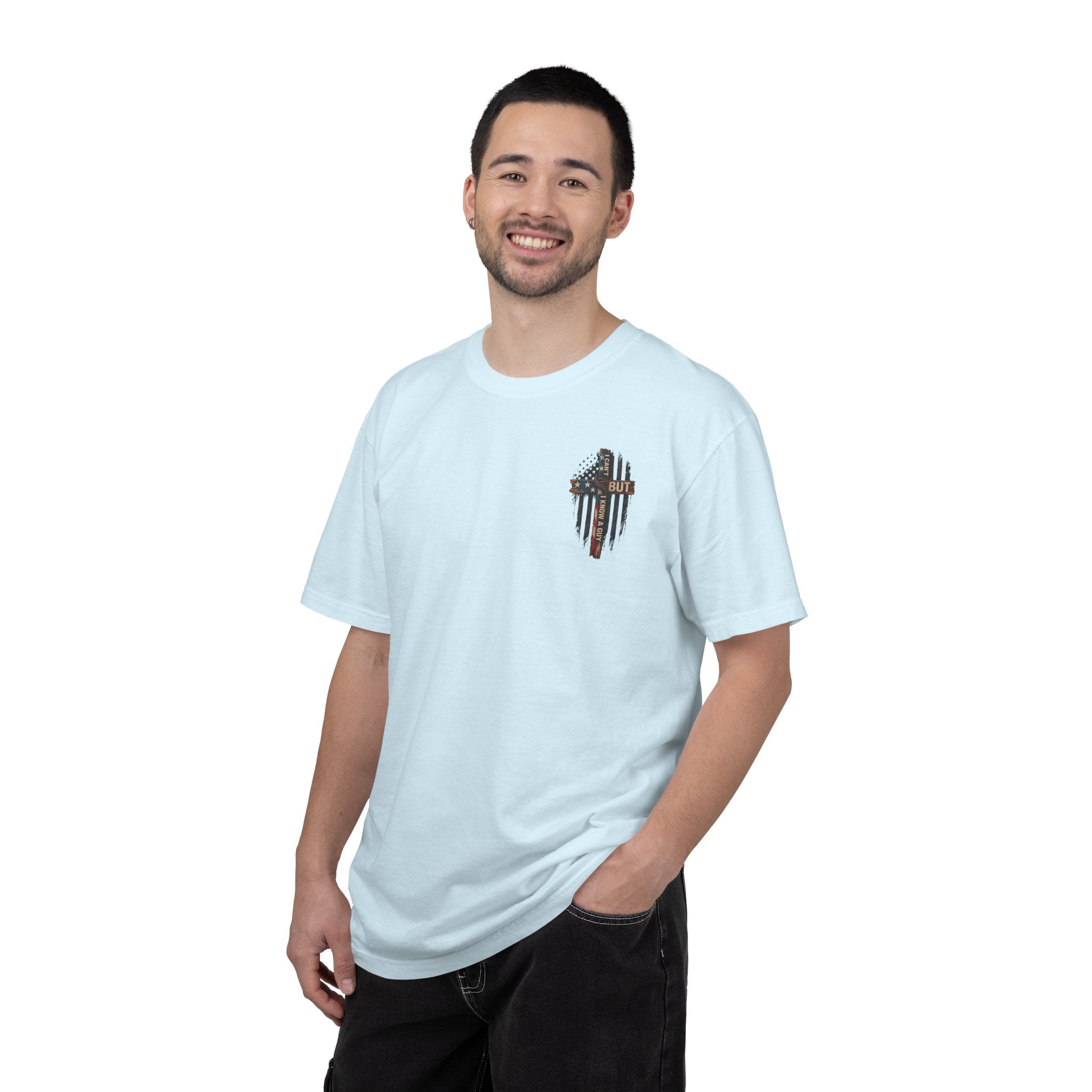 T-Shirt — 'I Can't But I Know A Guy' American Flag Cross Graphic