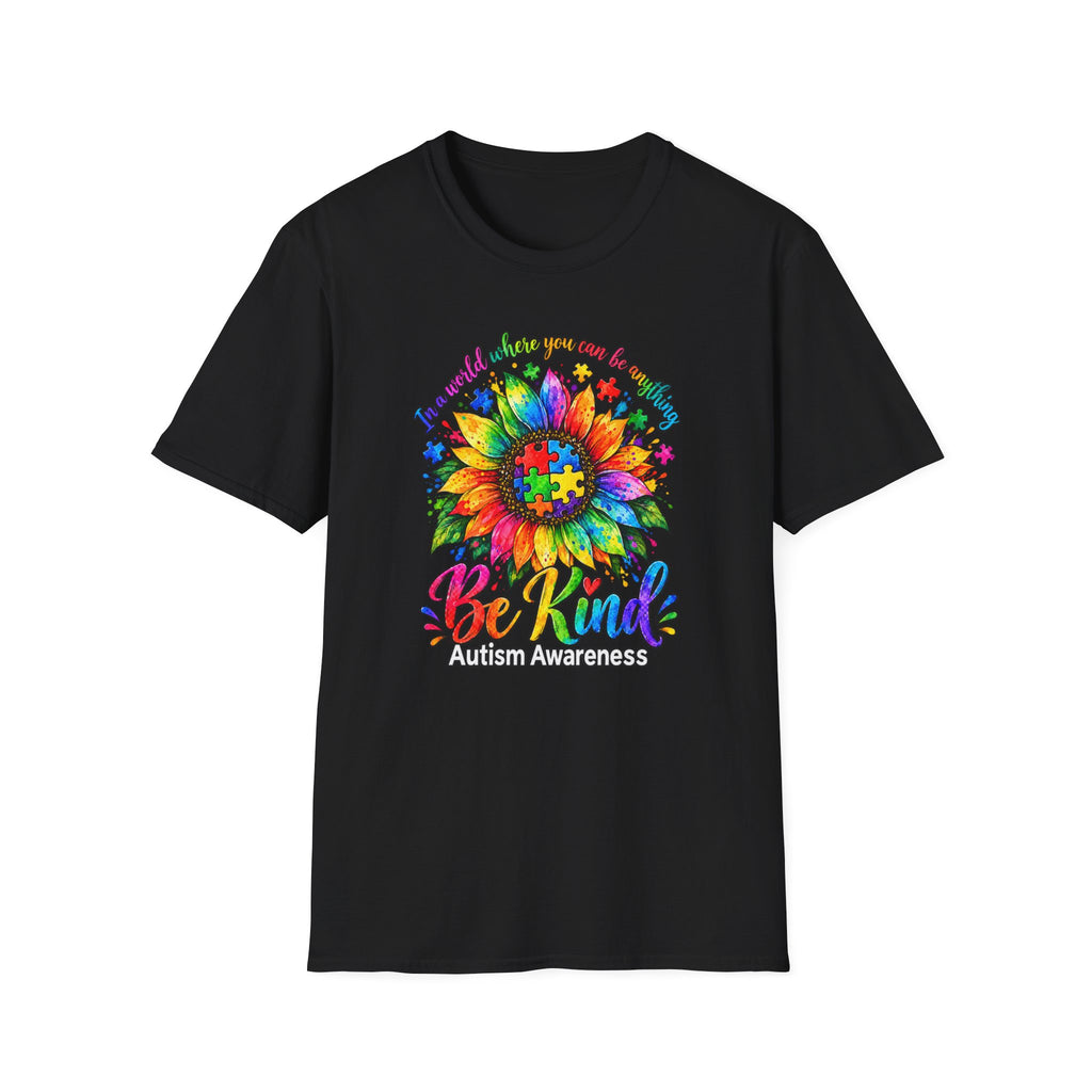 Autism Awareness Sunflower T-Shirt — 'Be Kind' Rainbow Puzzle Design