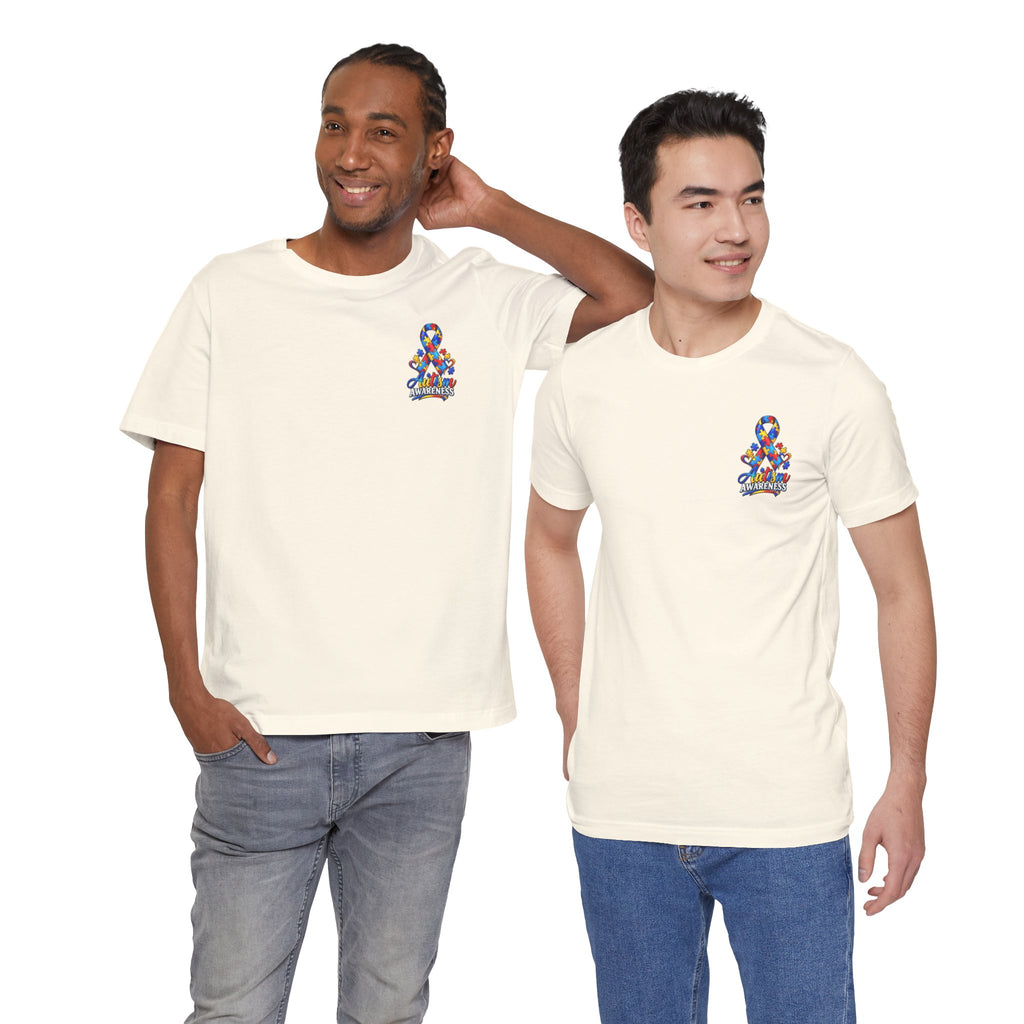Autism Awareness Ribbon Chest Tee — 'Different, Not Less' Short Sleeve T-Shirt