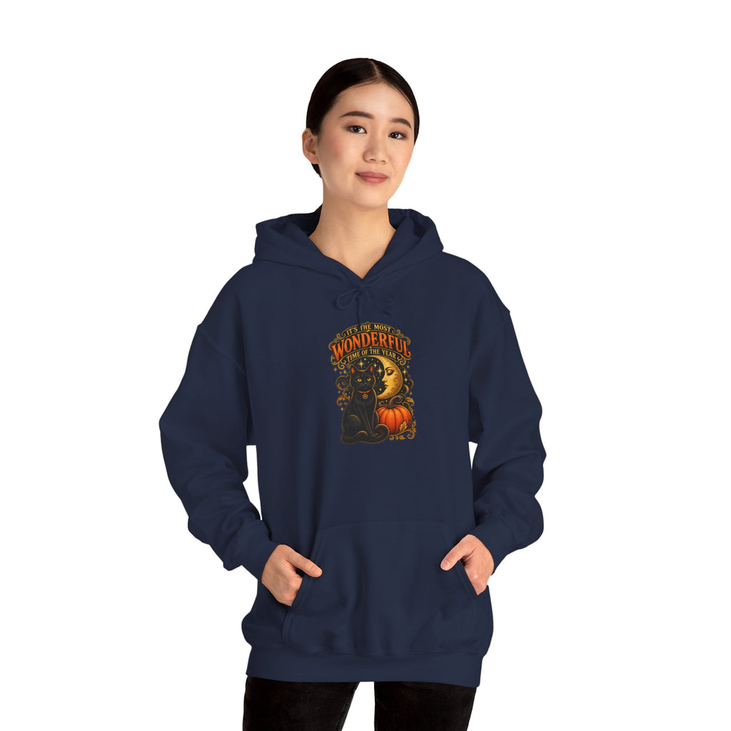 Halloween Black Cat Moon Hoodie – Vintage Pumpkin & Crescent Moon Fall Sweatshirt