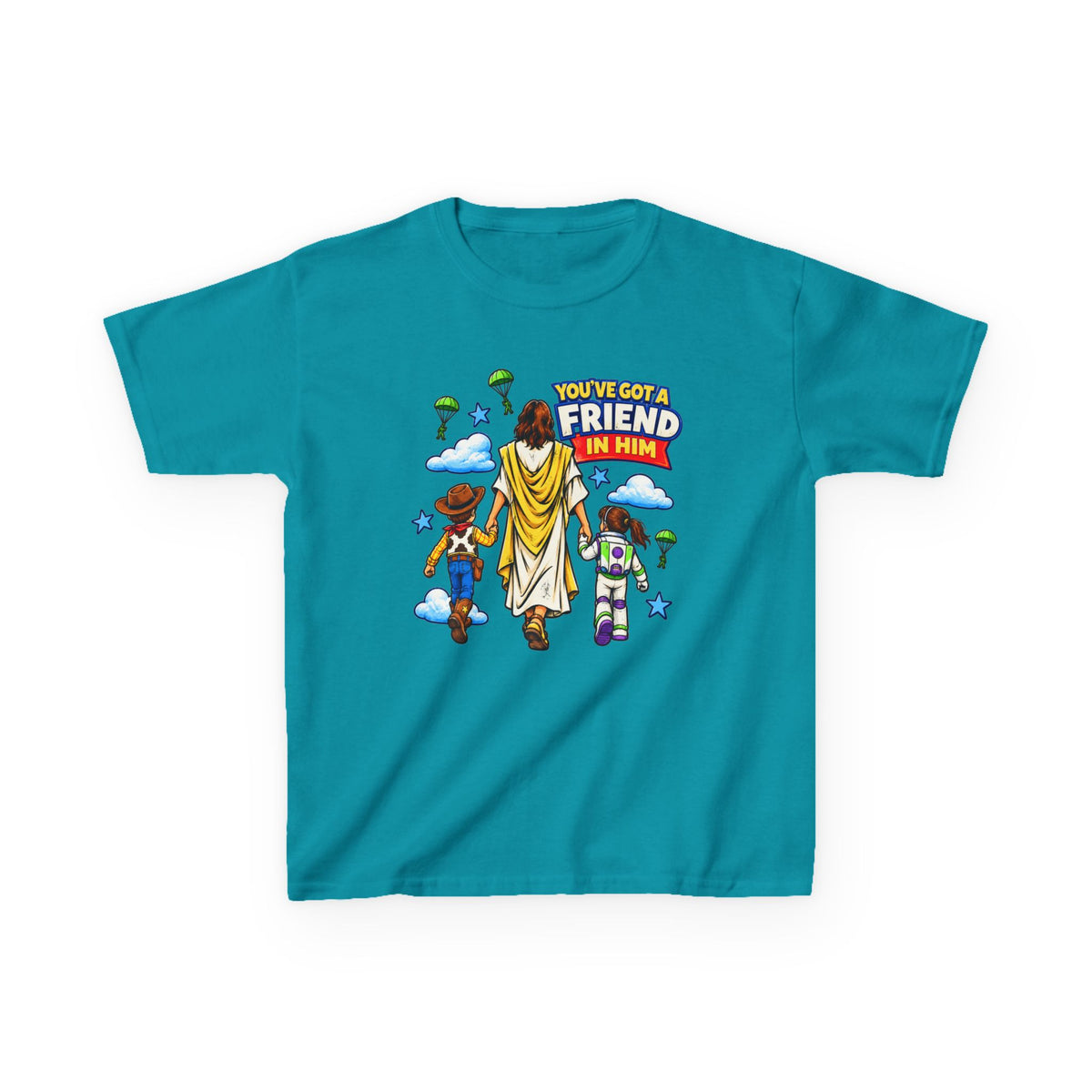 Kids Tee — "You've Gotta Friend in Him" Inspirational Jesus & Toy Friends Graphic