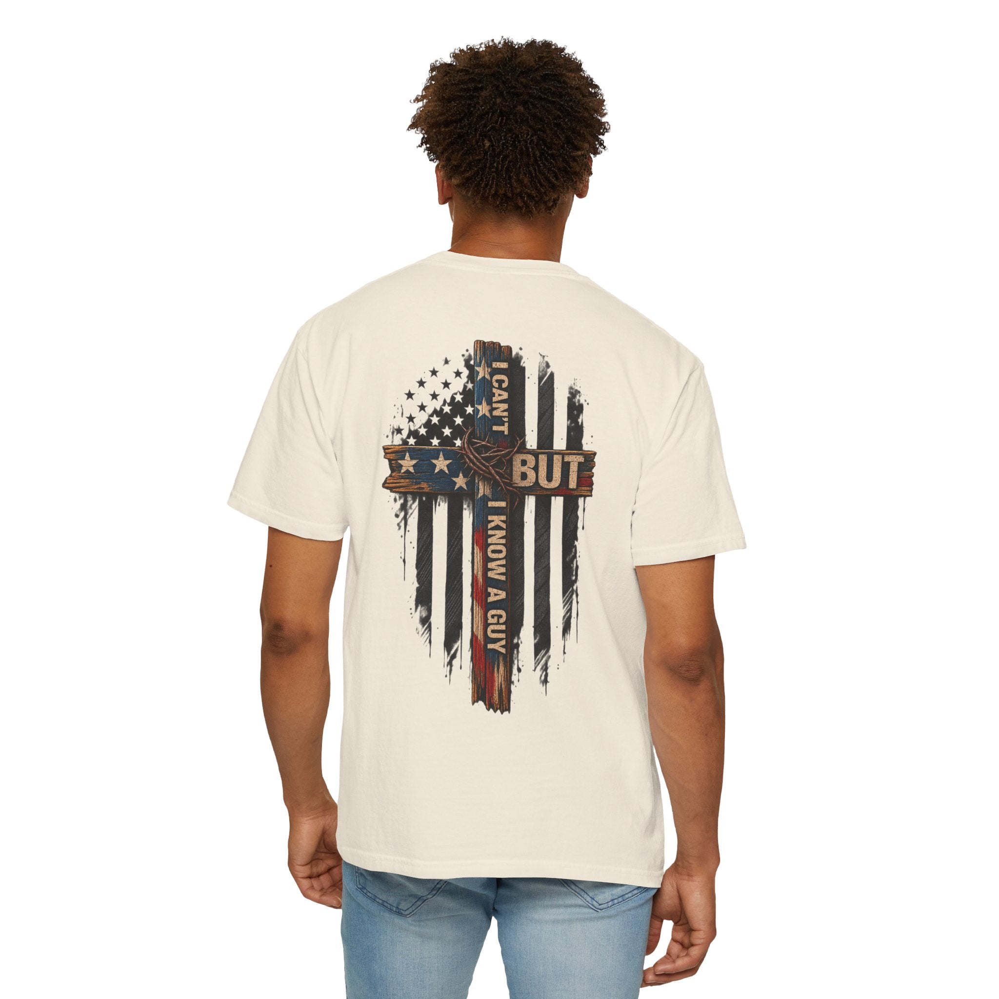 T-Shirt — 'I Can't But I Know A Guy' American Flag Cross Graphic