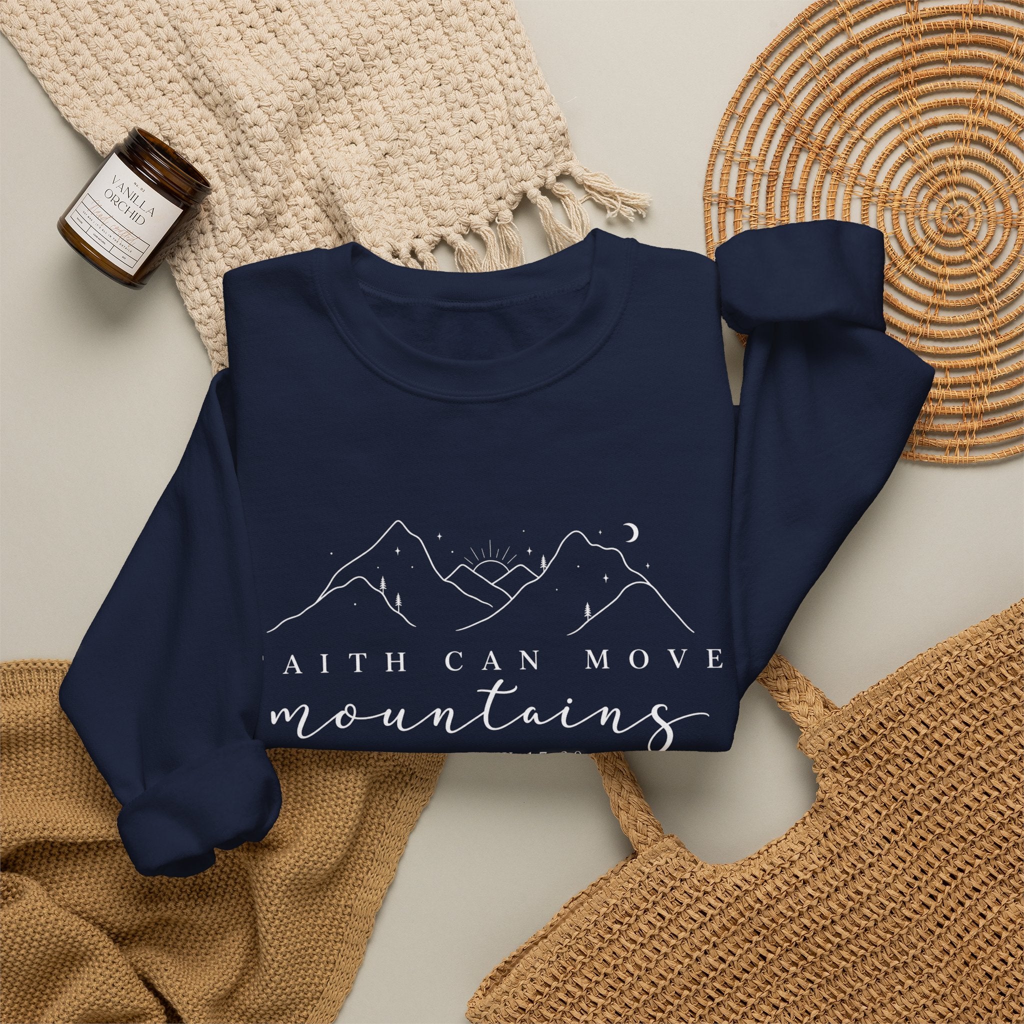Faith Can Move Mountains Crewneck Sweatshirt — Matthew 17:20 Christian Mountain Design