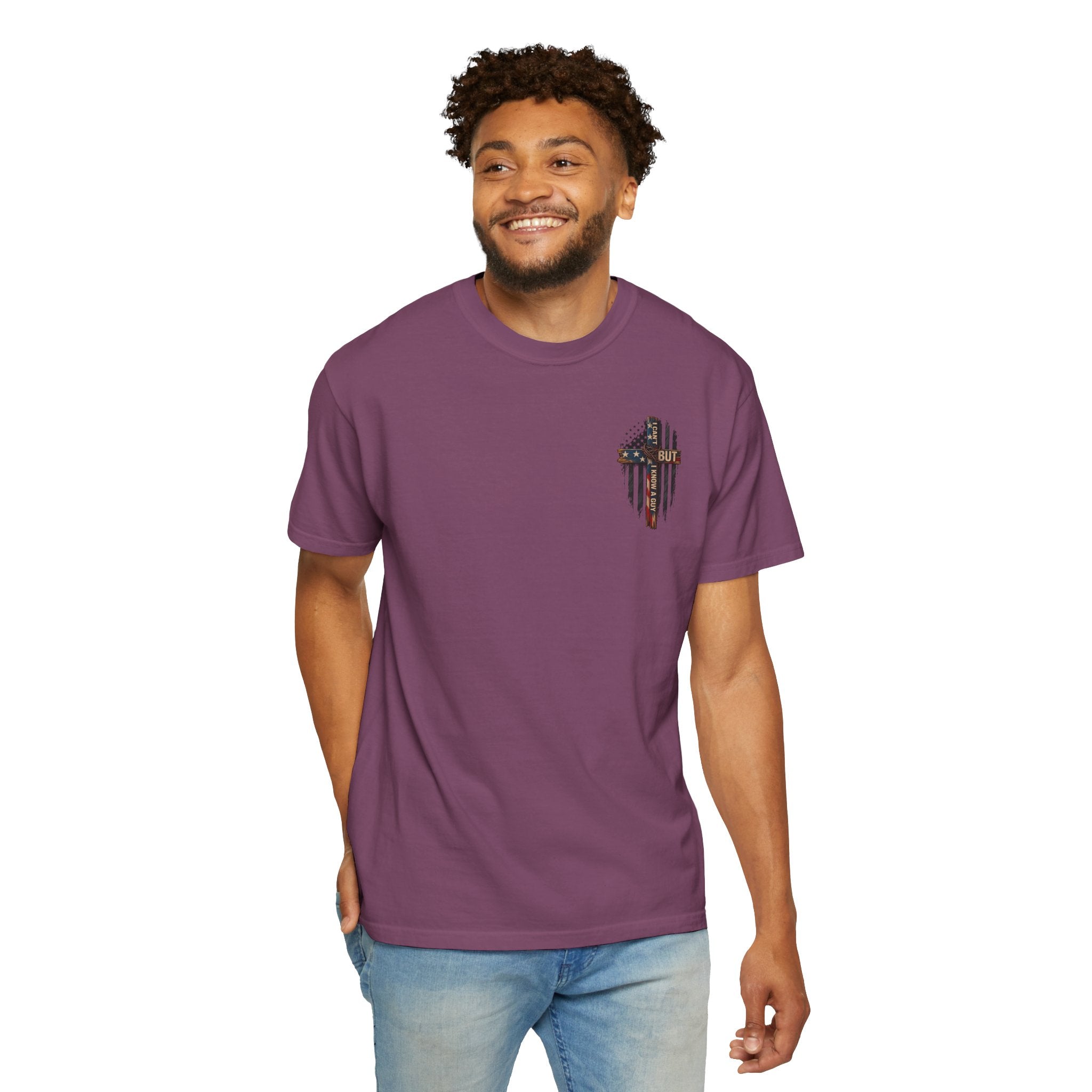 T-Shirt — 'I Can't But I Know A Guy' American Flag Cross Graphic