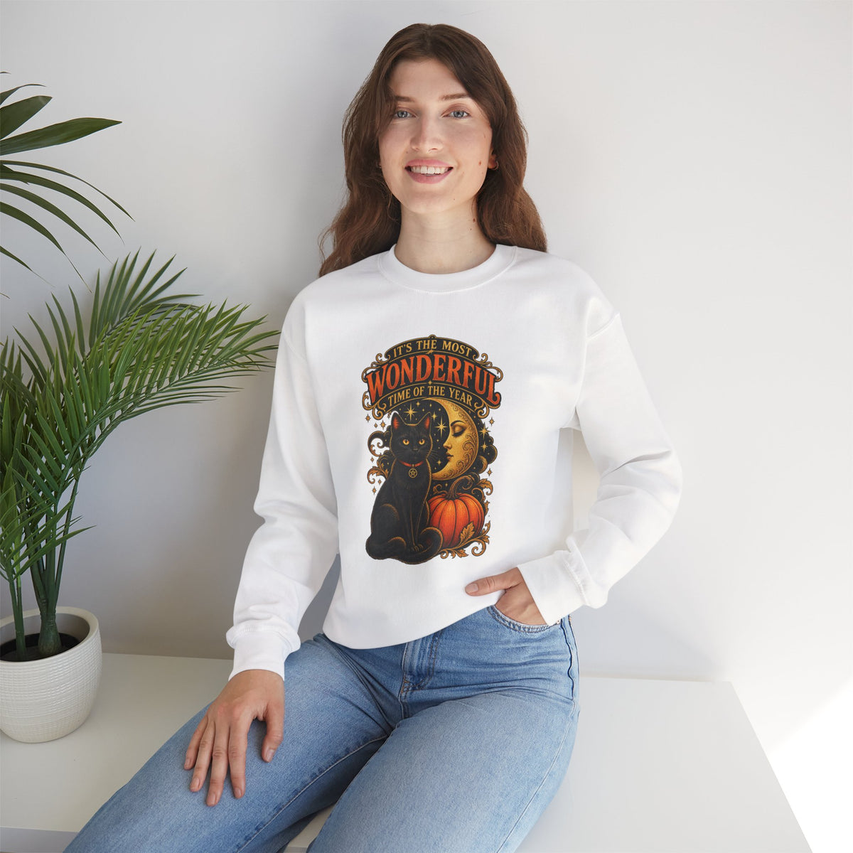 Vintage Halloween Sweatshirt - "It's the Most Wonderful Time of the Year" Black Cat & Moon Design