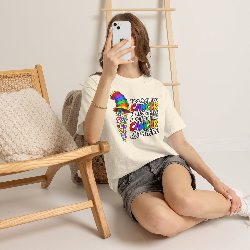Cancer Awareness T-Shirt — “I Do Not Like Cancer Here or There” Rainbow Ribbon Tee