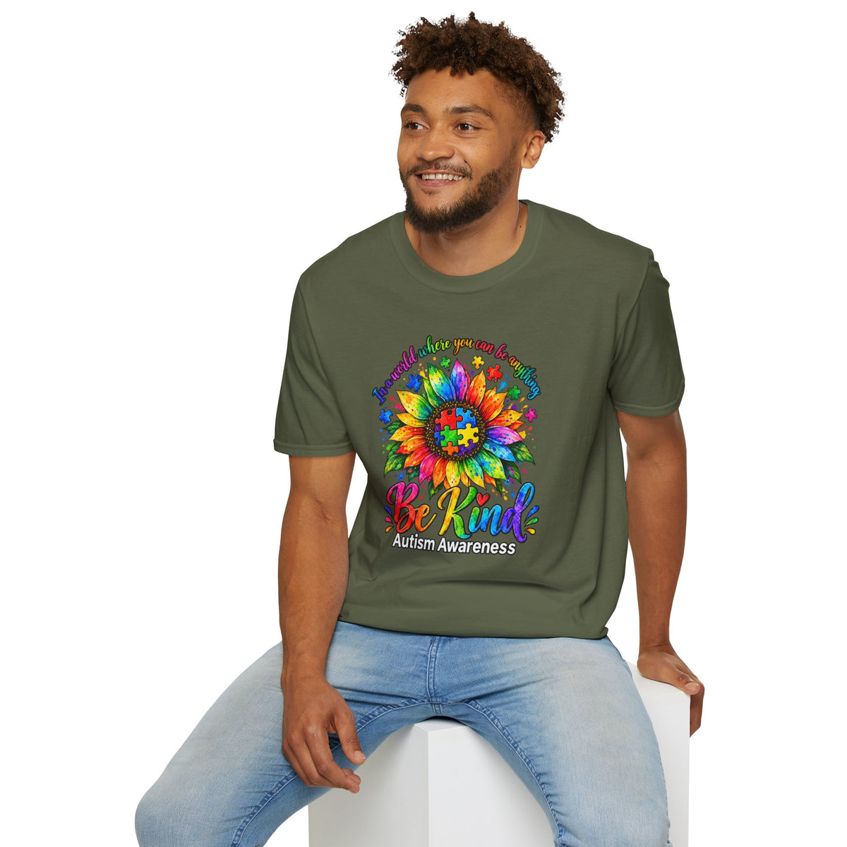 Autism Awareness Sunflower T-Shirt — 'Be Kind' Rainbow Puzzle Design