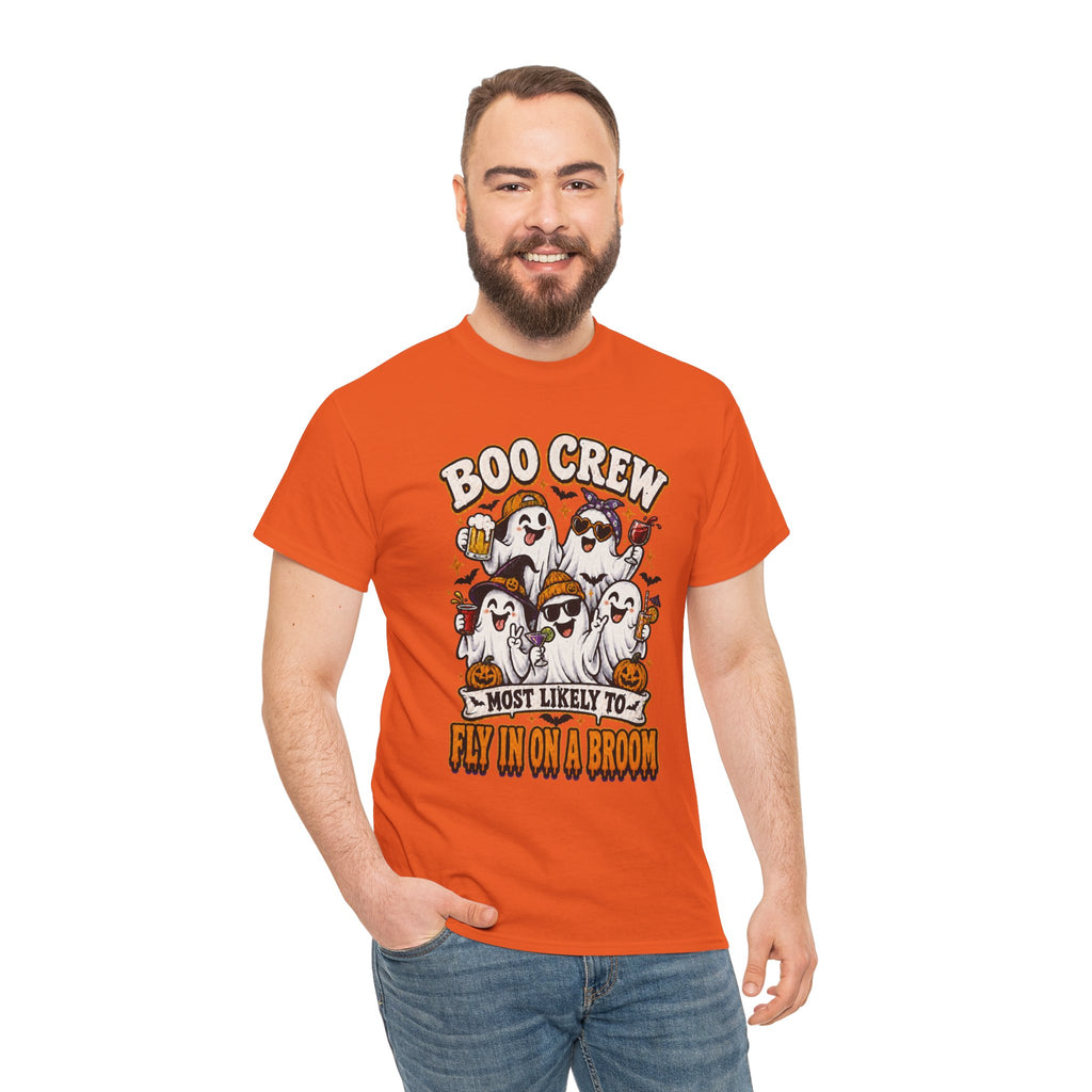 Boo Crew T-Shirt — “Most Likely to Fly on a Broom” Halloween Ghost Tee