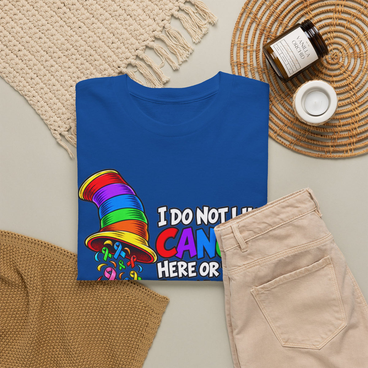 Cancer Awareness T-Shirt — “I Do Not Like Cancer Here or There” Rainbow Ribbon Tee