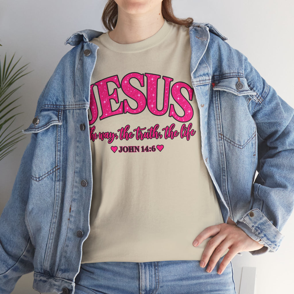 Christian T-Shirt — "JESUS The way, the truth, the life" (John 14:6) Pink Vintage Script