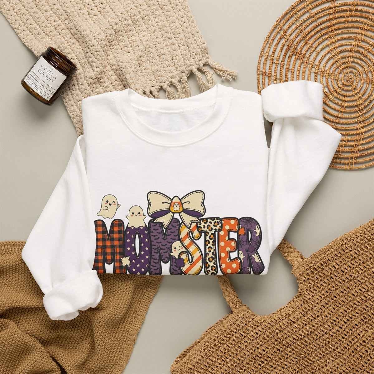 Momster Halloween Sweater | Momster Crewneck Sweatshirt, Halloween mom, purple orange spooky lettering