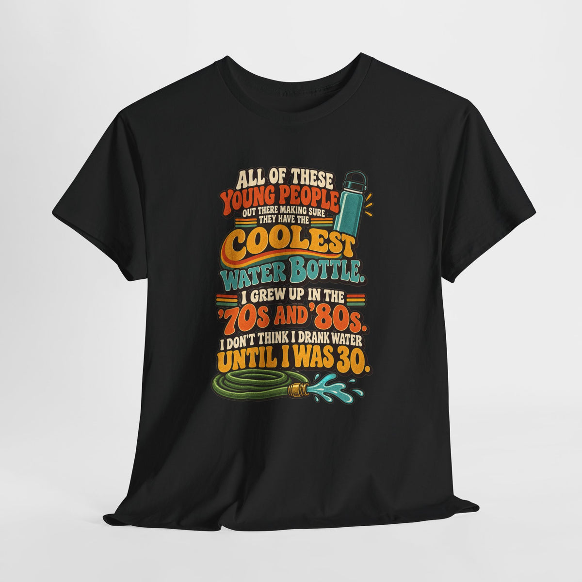Retro 70s-80s Funny Water Bottle Tee — "Coolest Water Bottle" Graphic T-Shirt