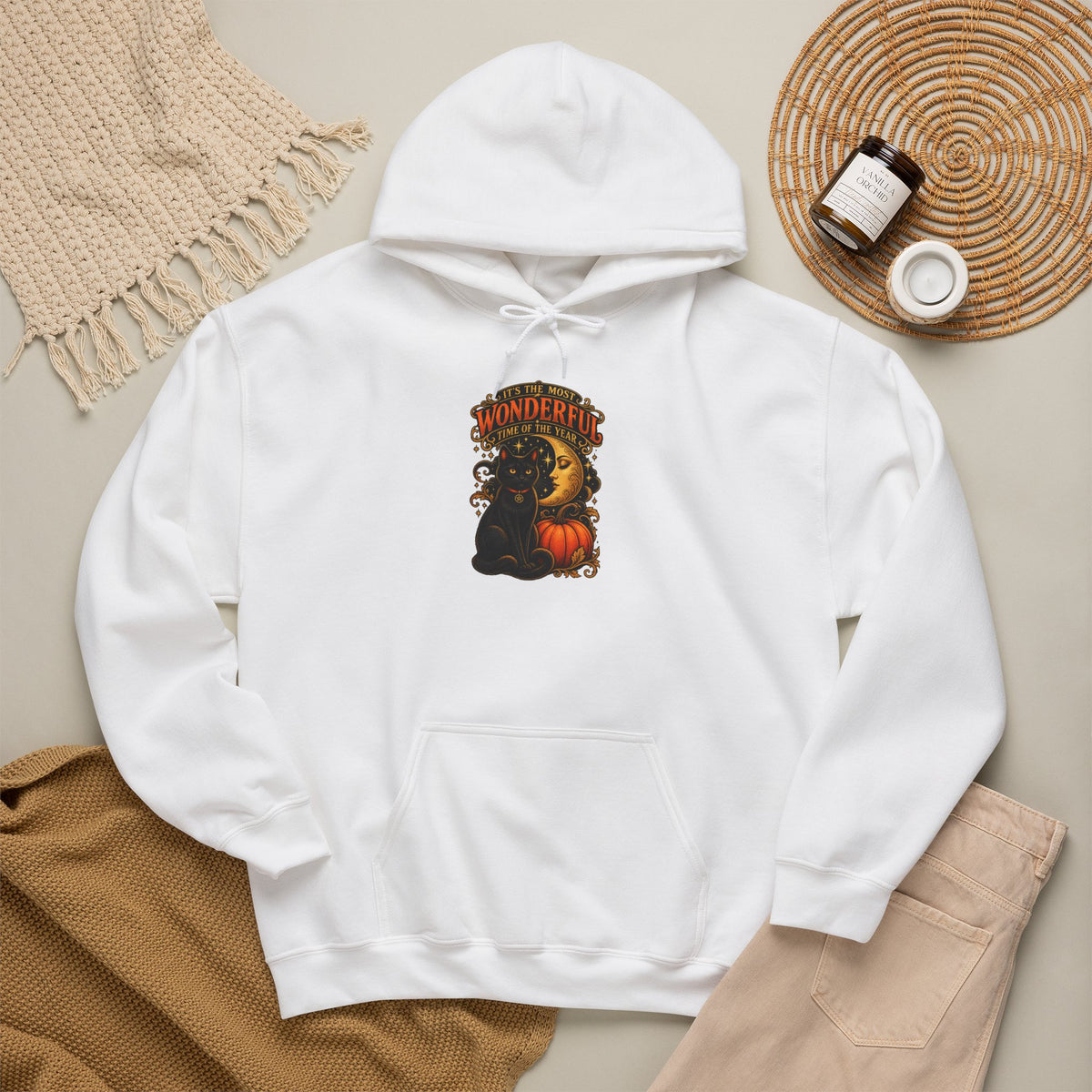 Halloween Black Cat Moon Hoodie – Vintage Pumpkin & Crescent Moon Fall Sweatshirt