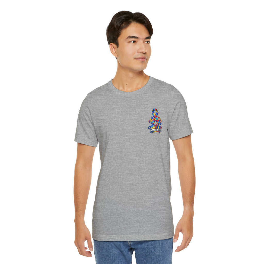 Autism Awareness Ribbon Chest Tee — 'Different, Not Less' Short Sleeve T-Shirt