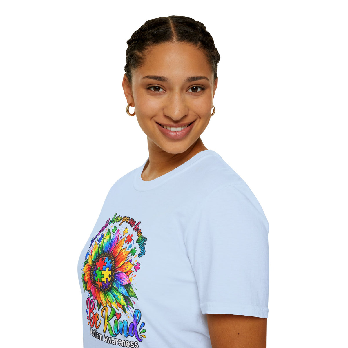 Autism Awareness Sunflower T-Shirt — 'Be Kind' Rainbow Puzzle Design