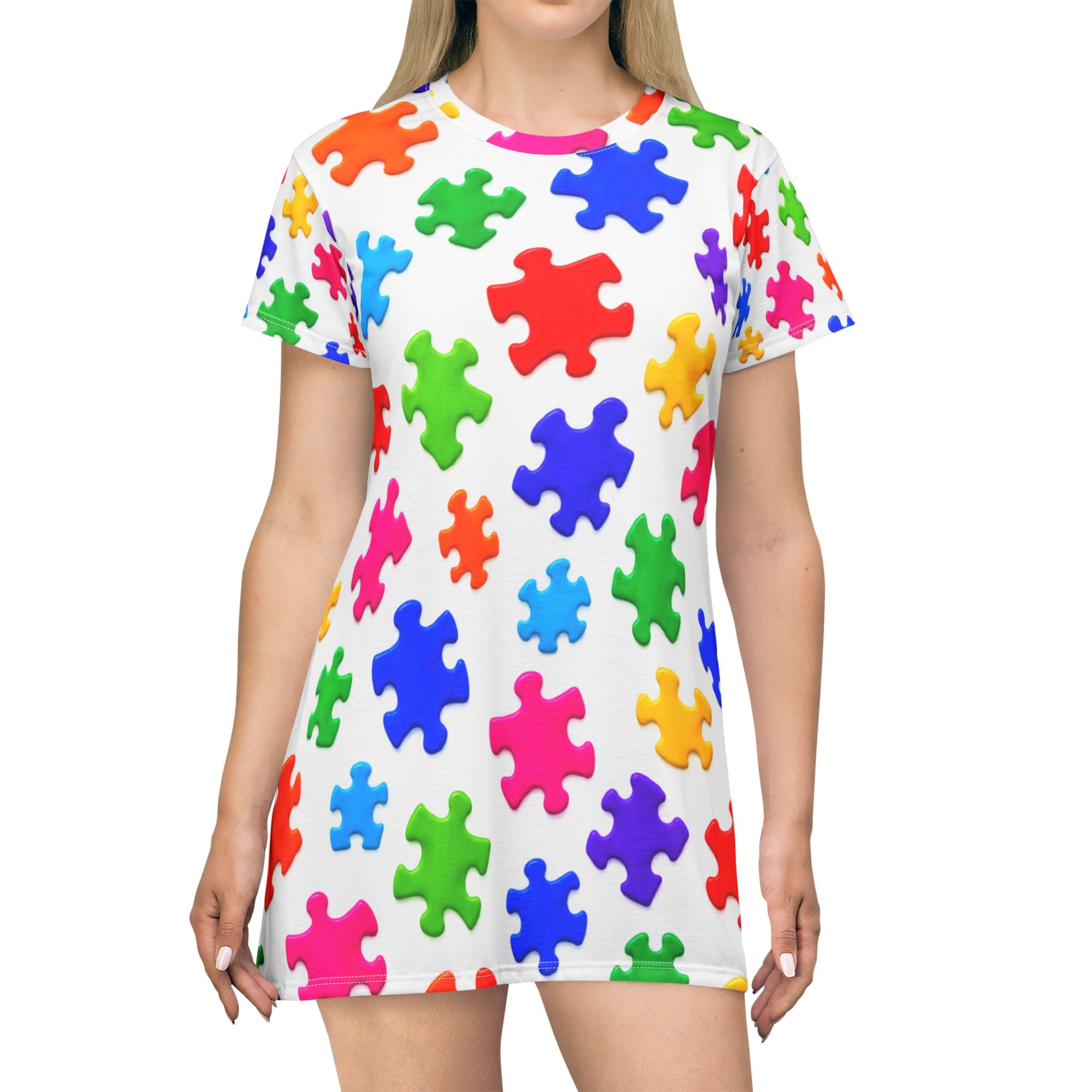 Puzzle Piece Print T‑Shirt Dress — Colorful Autism Awareness AOP Dress