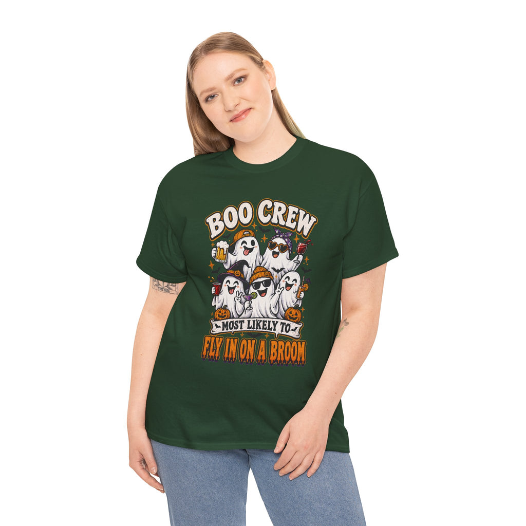 Boo Crew T-Shirt — “Most Likely to Fly on a Broom” Halloween Ghost Tee