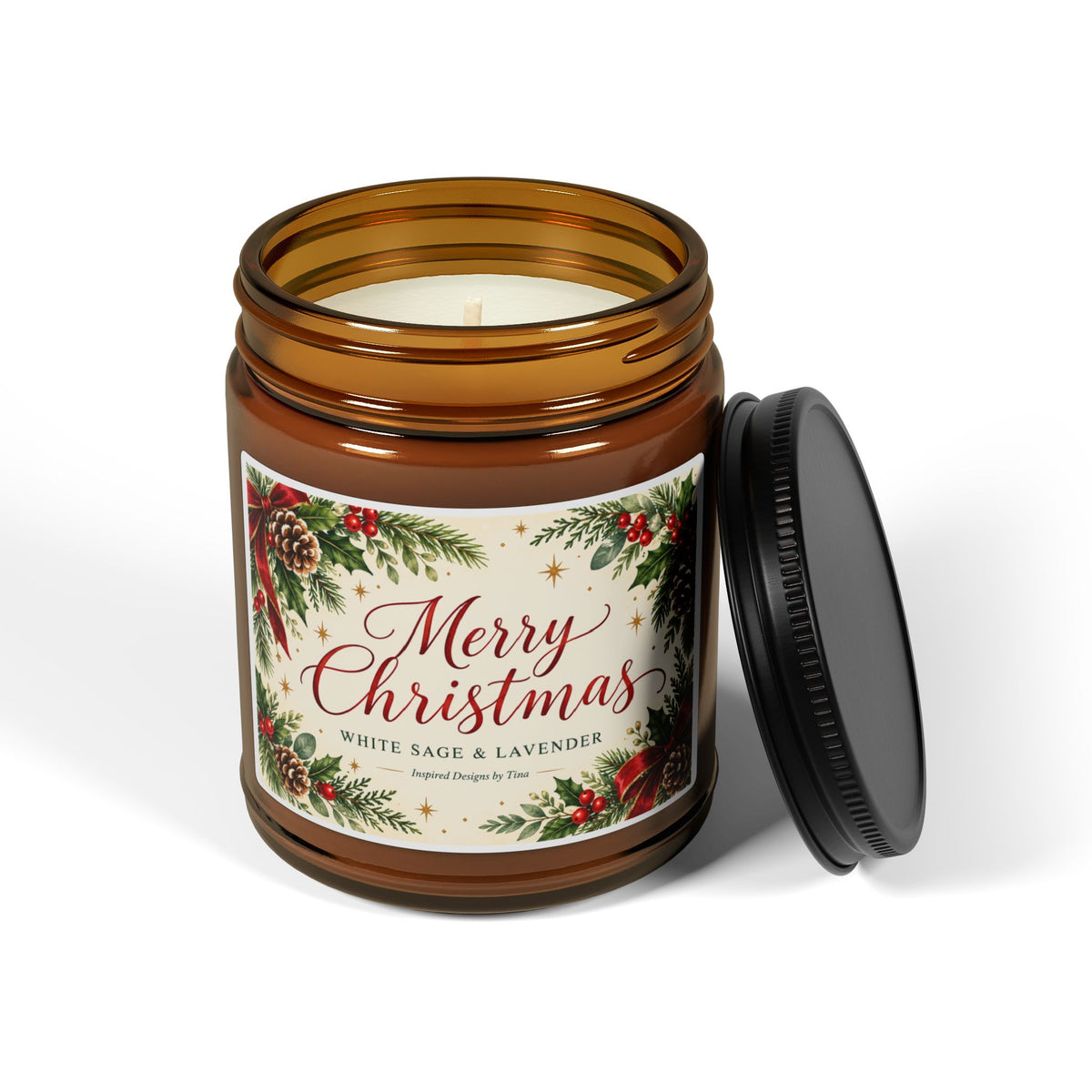 Merry Christmas White Sage and Lavender Scented Soy Candle – Festive Holiday Gift