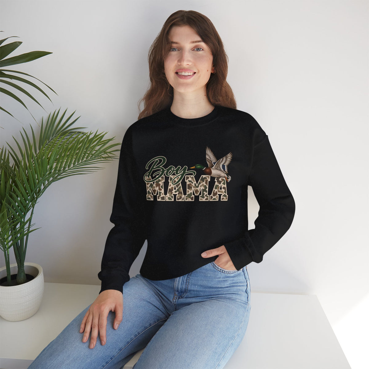 Boy Mama Crewneck Sweatshirt — Camo Lettering with Flying Duck