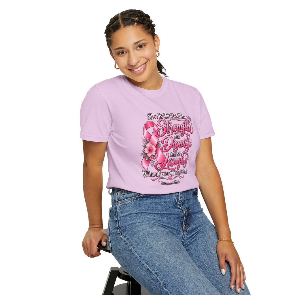 Breast Cancer Awareness T-Shirt — "She is Clothed in Strength" Pink Ribbon Tee