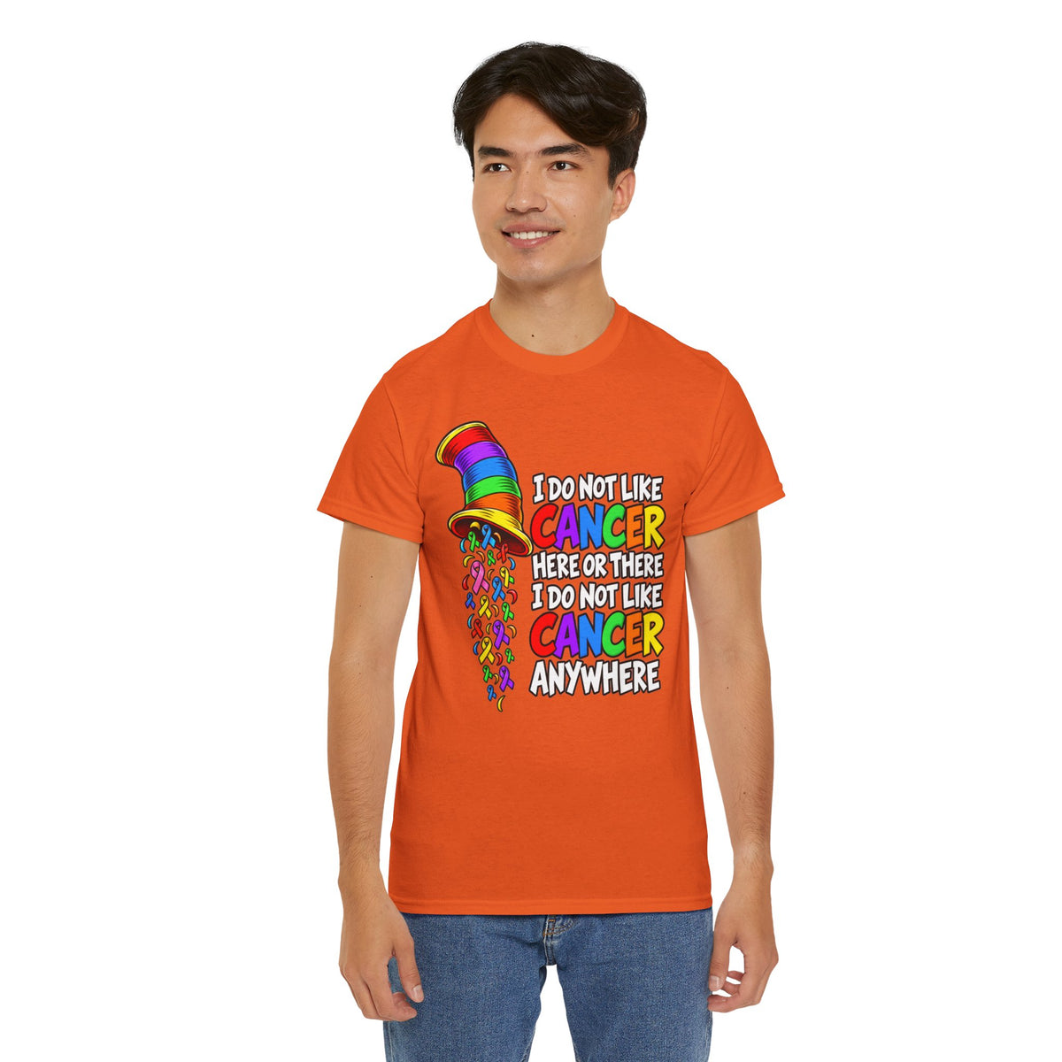 Cancer Awareness T-Shirt — “I Do Not Like Cancer Here or There” Rainbow Ribbon Tee