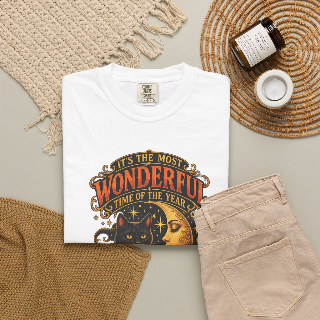 T-Shirt — "It's the Most Wonderful Time of the Year" Halloween Black Cat & Pumpkin