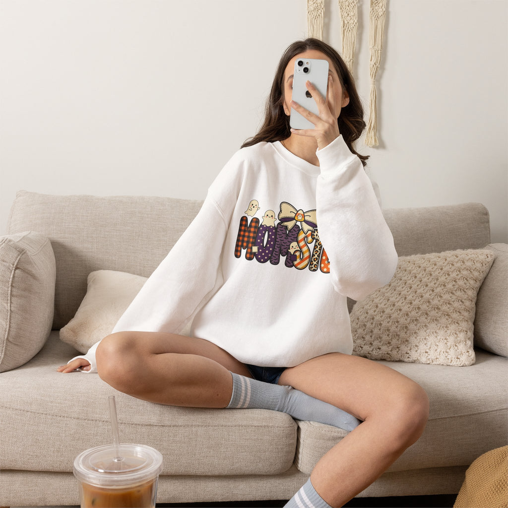 Momster Halloween Sweater | Momster Crewneck Sweatshirt, Halloween mom, purple orange spooky lettering