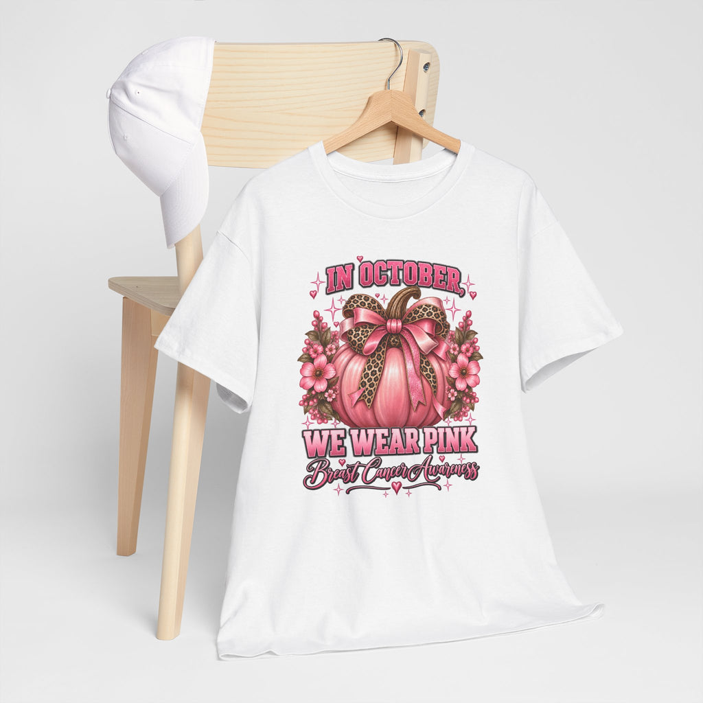 Breast Cancer Awareness T-Shirt — "In October We Wear Pink" Pumpkin Design