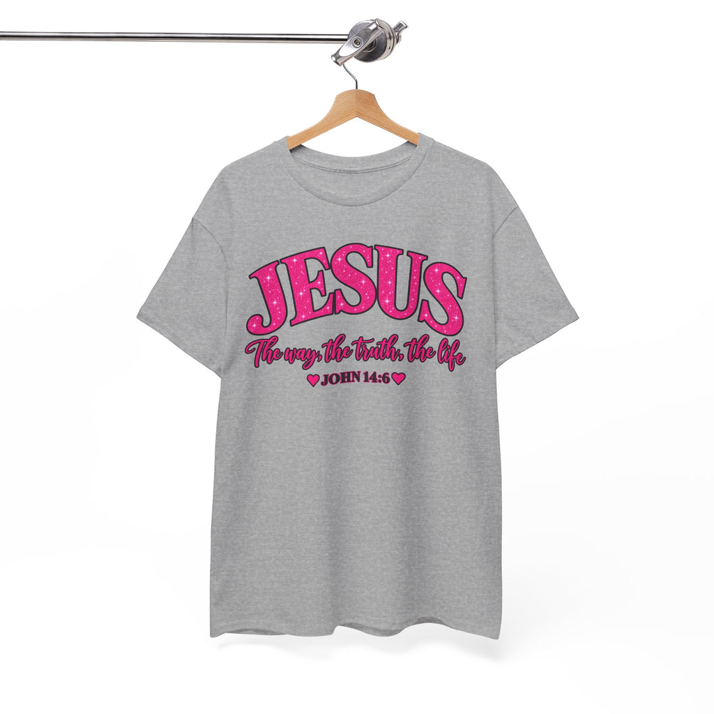Christian T-Shirt — "JESUS The way, the truth, the life" (John 14:6) Pink Vintage Script