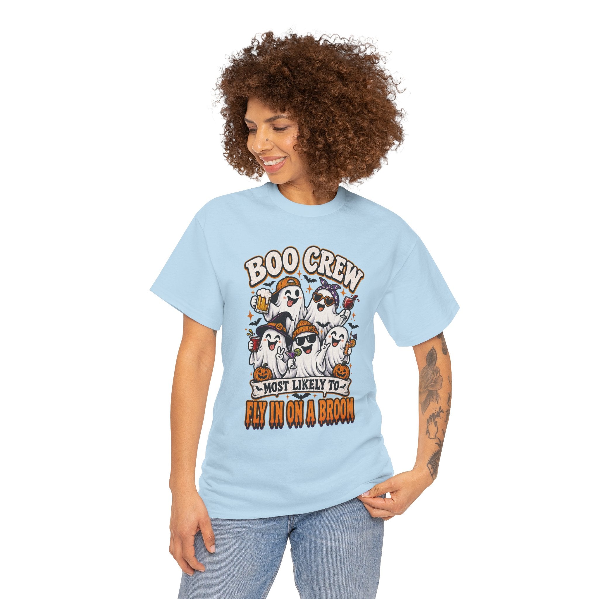 Boo Crew T-Shirt — “Most Likely to Fly on a Broom” Halloween Ghost Tee