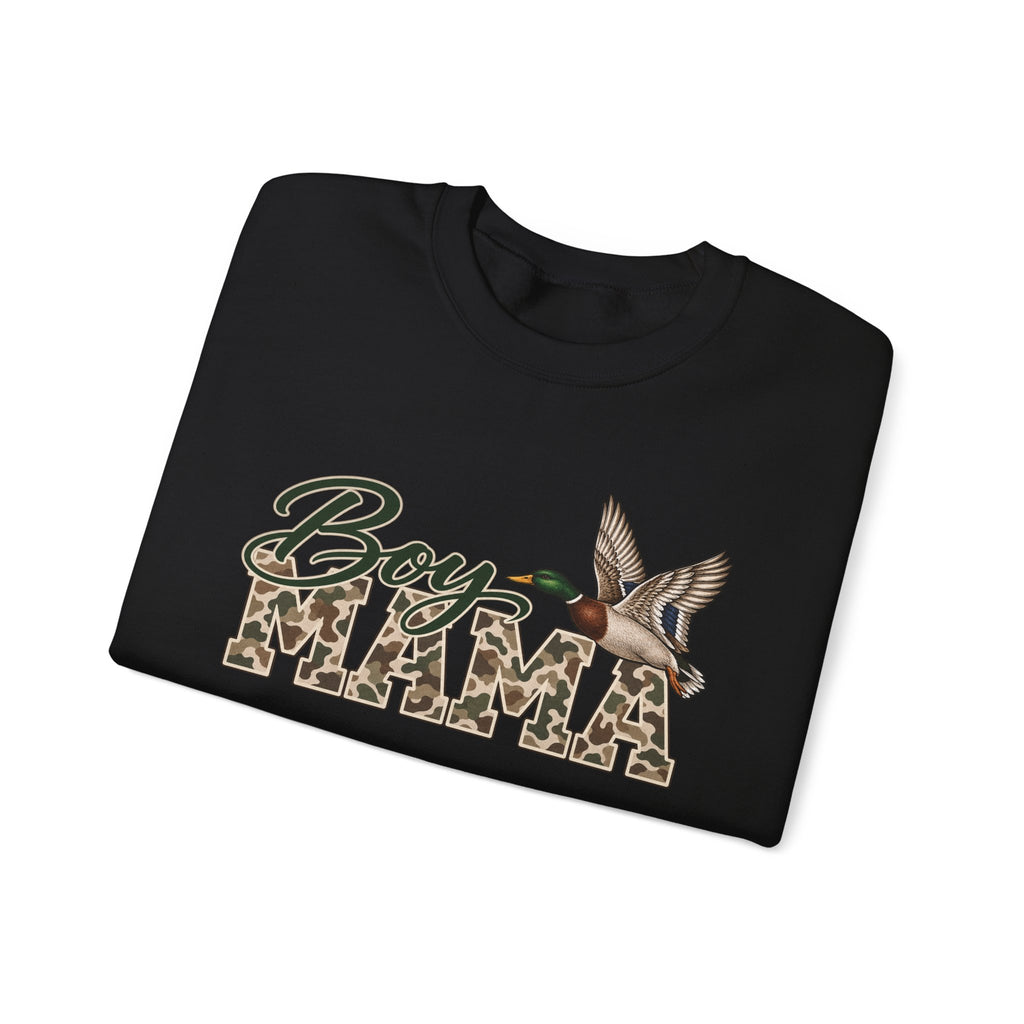 Boy Mama Crewneck Sweatshirt — Camo Lettering with Flying Duck