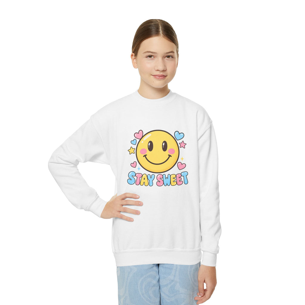 Youth Crewneck Sweatshirt — Cute Smiley "Stay Sweet" Graphic, Kids Cozy Pullover
