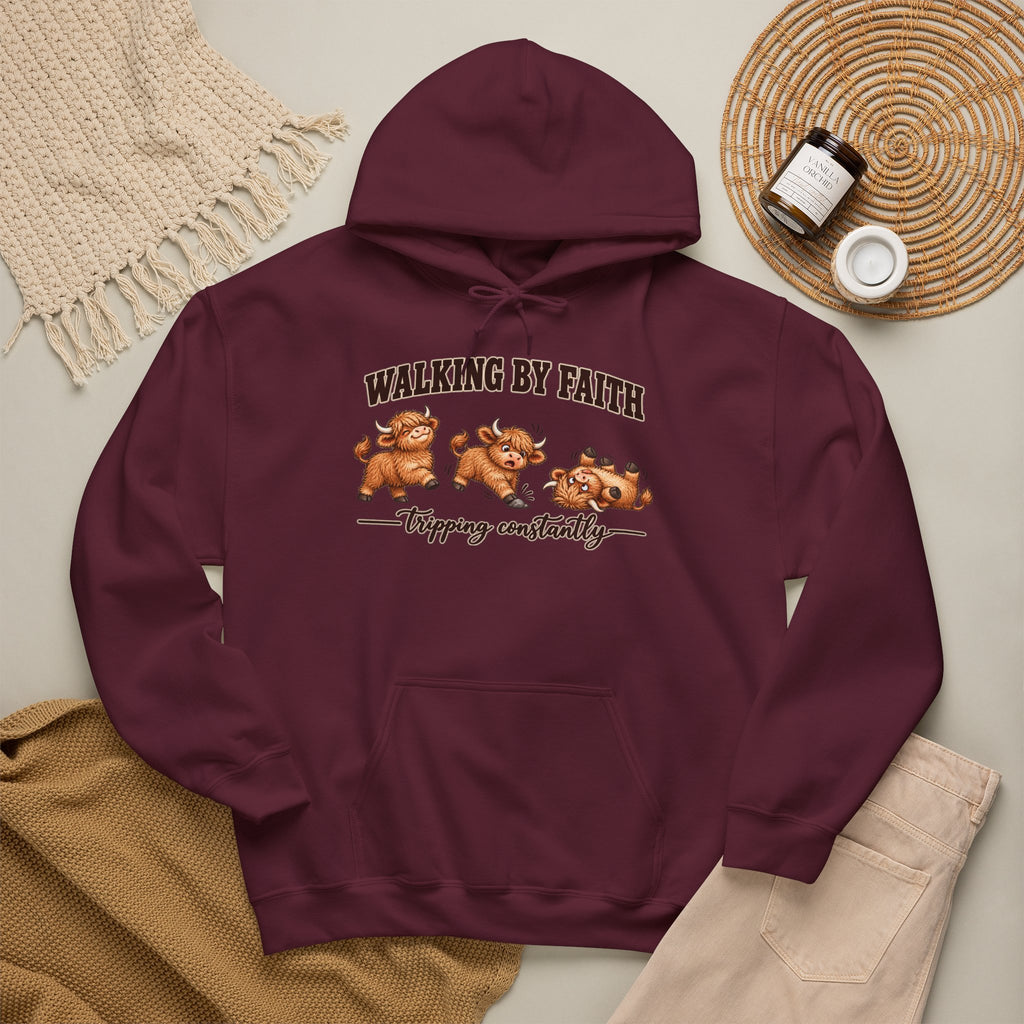 Walking by Faith Christian Highland Cow Hoodie