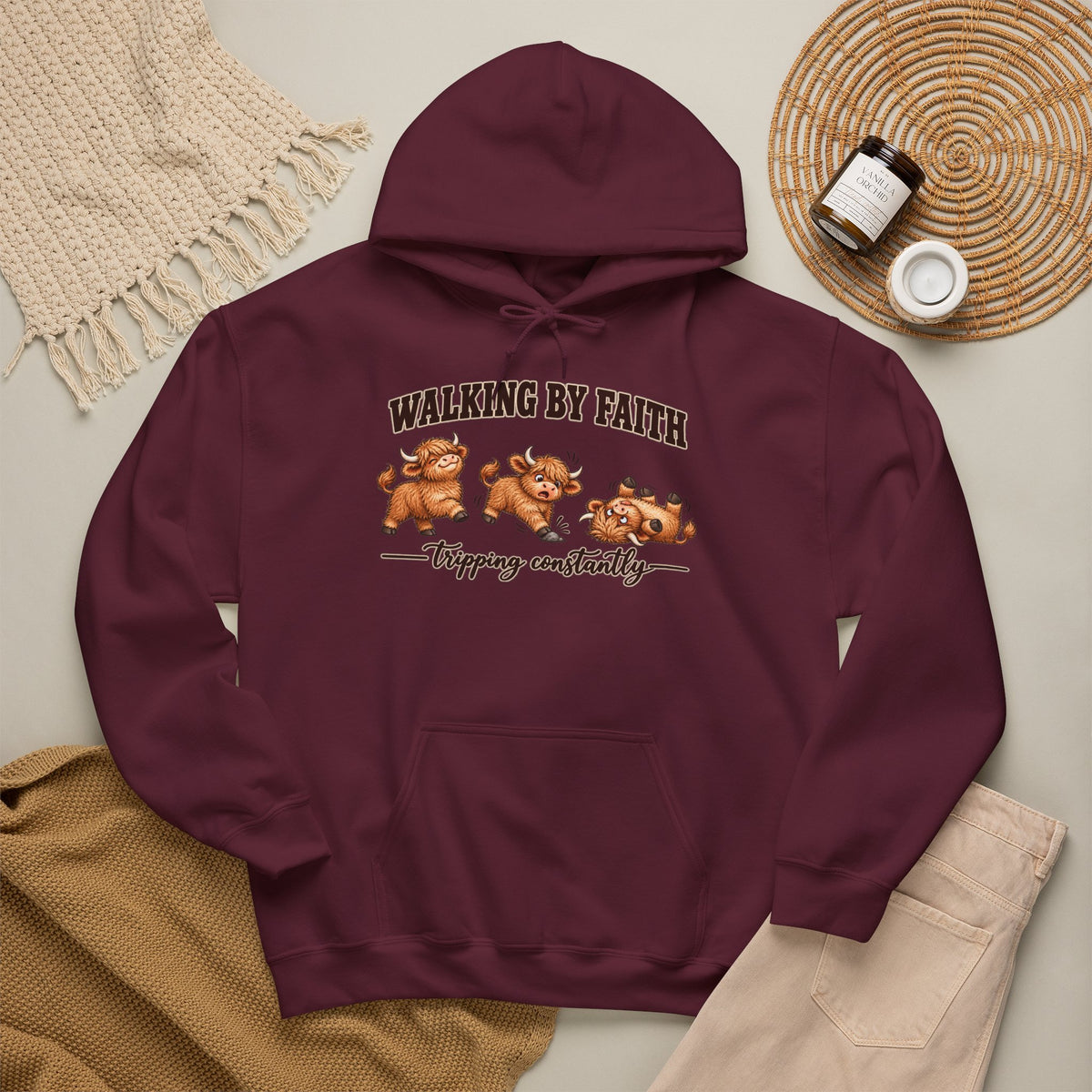 Walking by Faith Christian Highland Cow Hoodie