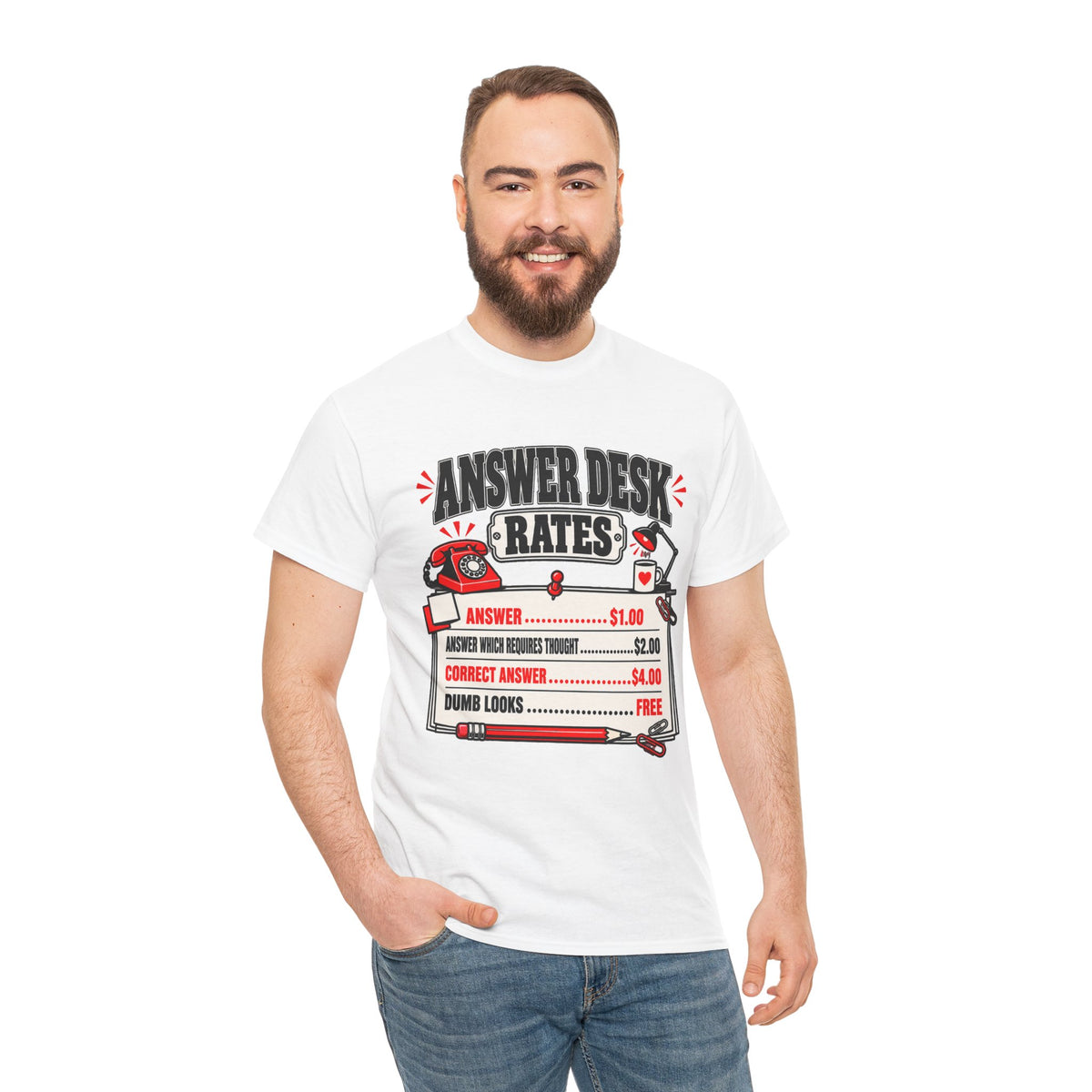 Answer Desk Rates T-Shirt — Funny Help Desk IT Support Tee ("Answer 1.00, Correct Answer 4.00")