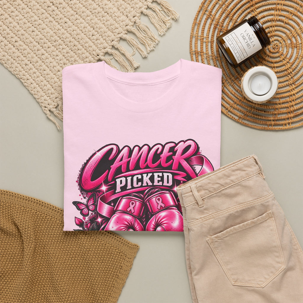 Cancer Picked The Wrong Fighter T-Shirt — Breast Cancer Awareness Support Tee