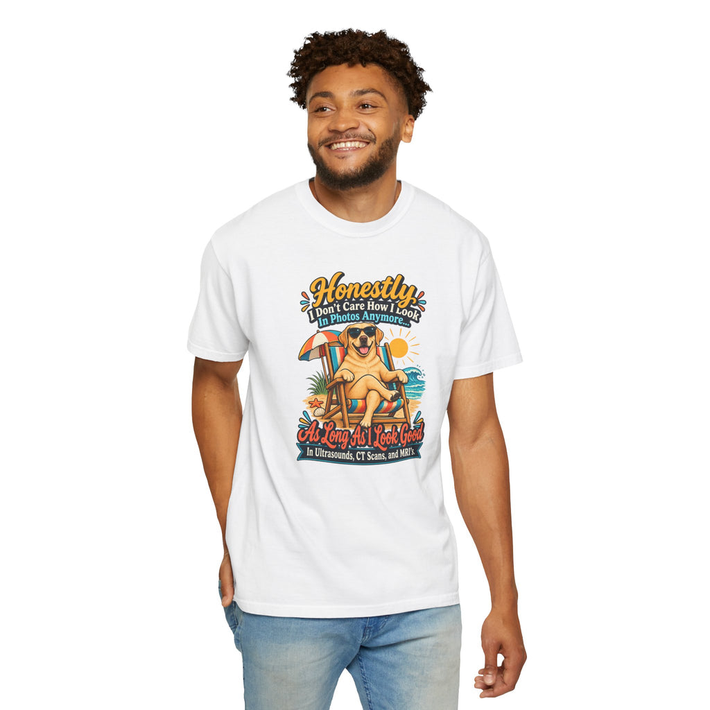 Honestly I Don’t Care How I Look In Photos Anymore T-Shirt — Funny Beach Dog Graphic Tee