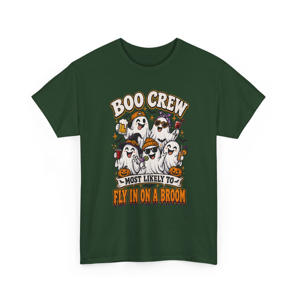 Boo Crew T-Shirt — “Most Likely to Fly on a Broom” Halloween Ghost Tee