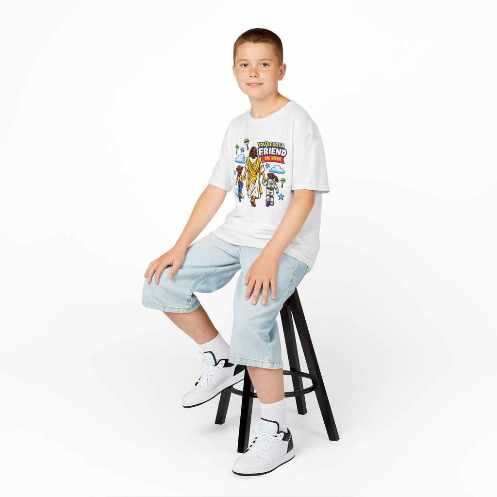 Kids Tee — "You've Gotta Friend in Him" Inspirational Jesus & Toy Friends Graphic