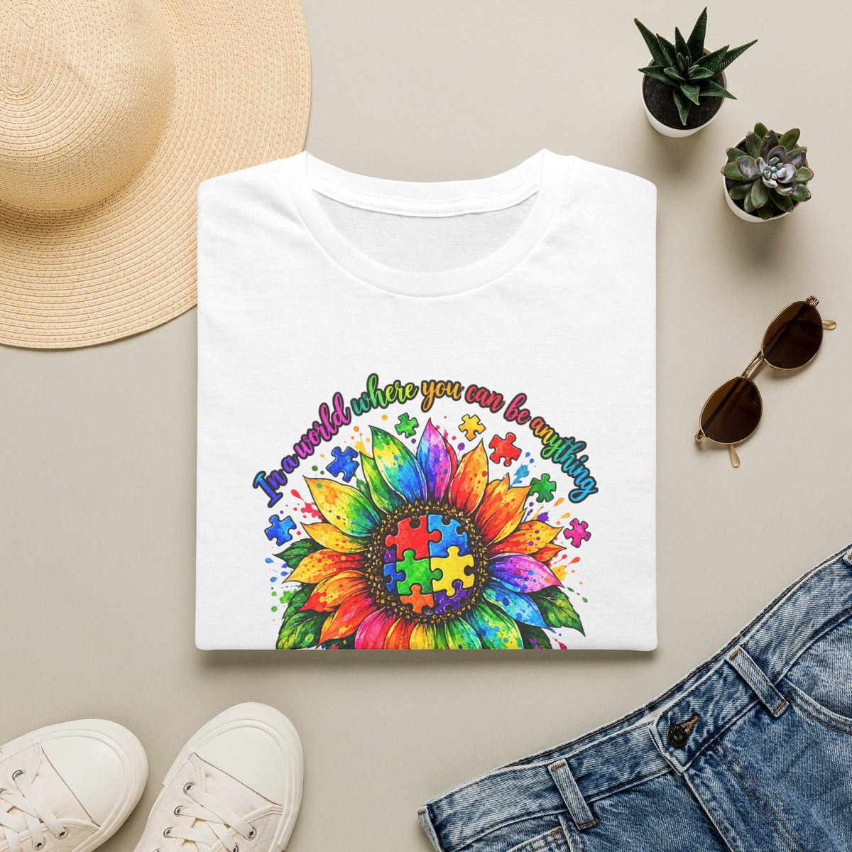 Autism Awareness Sunflower T-Shirt — 'Be Kind' Rainbow Puzzle Design