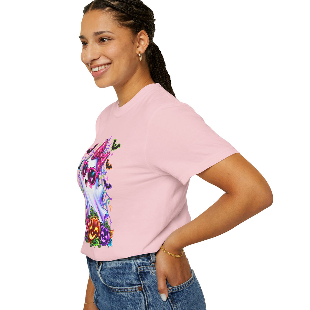 Cute Halloween Ghost T-Shirt — Pink Bow Ghost with Sunglasses & Pumpkins
