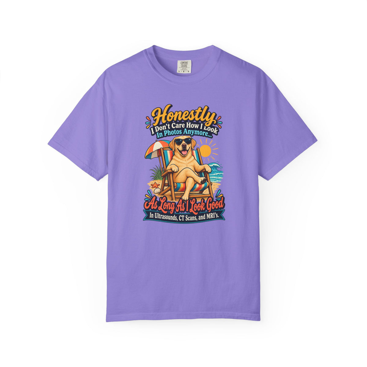 Honestly I Don’t Care How I Look In Photos Anymore T-Shirt — Funny Beach Dog Graphic Tee